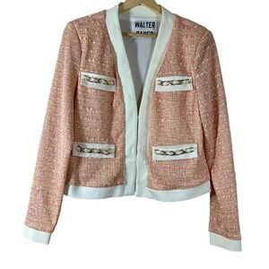 Walter Baker Womens Tweed Jacket Peach White Trim Pockets Gold Chain Crop Size L